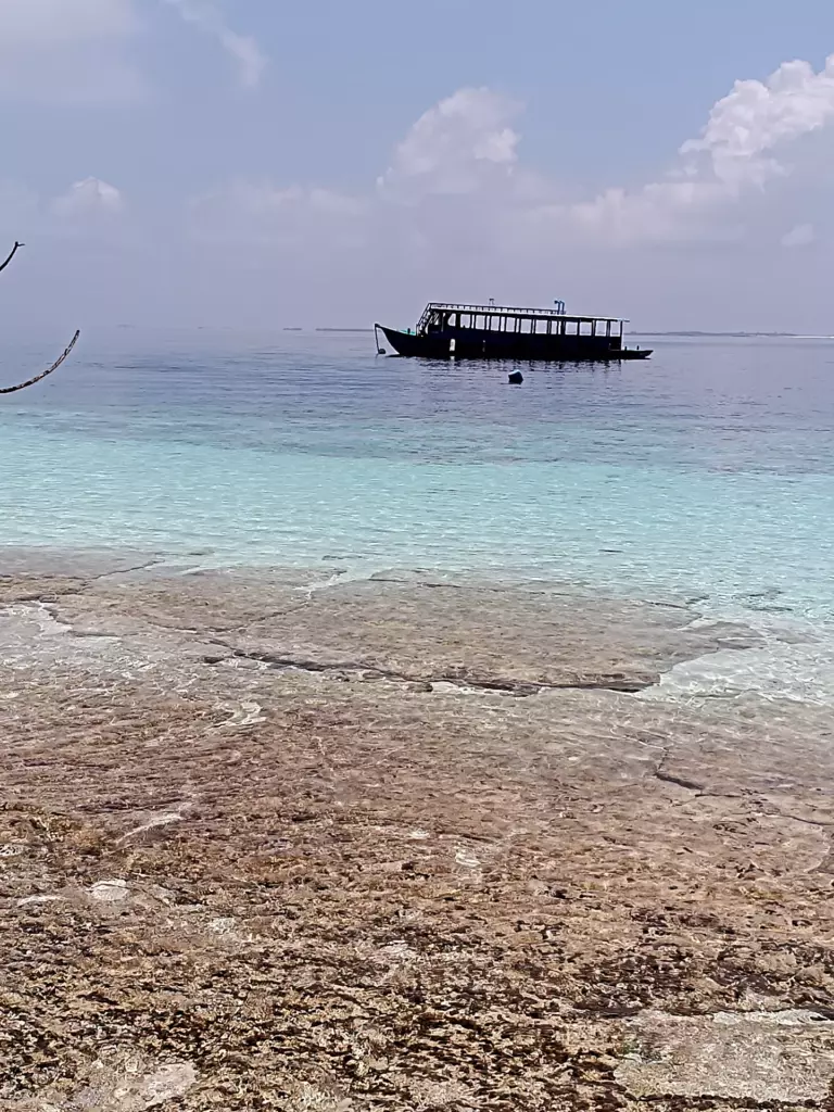 Reef flat dropping into deep blue water at the edge of a Maldivian atoll