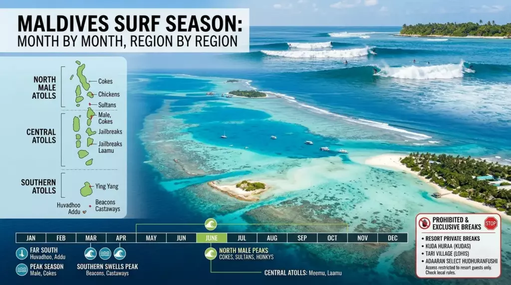 Month by month surf season calendar in Maldives