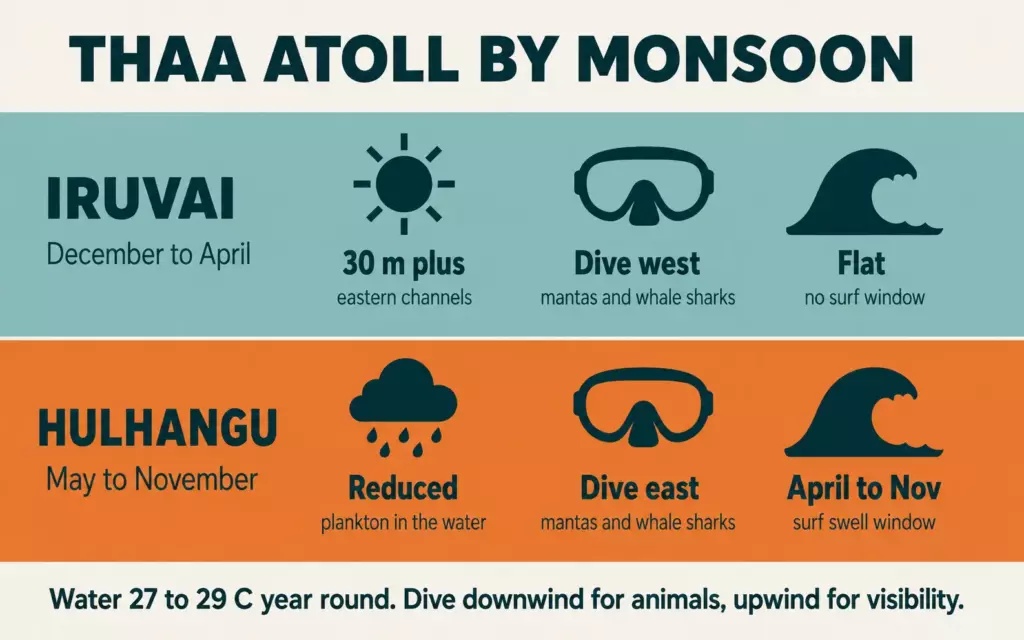 Thaa Atoll – is Where the Maldives Stops Being Two Chains: One Resort, 66 Islands 8 Seasonal calendar for Thaa Atoll showing monsoon months, dive side, visibility and the surf window