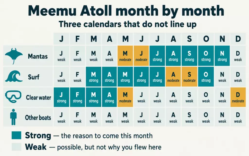 Meemu Atoll month-by-month calendar comparing manta season, surf swell, visibility and crowd levels